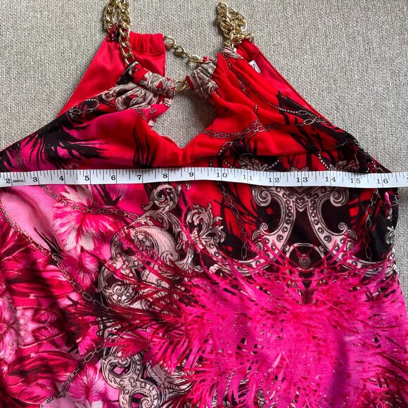 JENNIFER LOPEZ Red/Pink Print Sleeveless High-Low Dress Chain Trim - Size XS - Picture 10 of 12